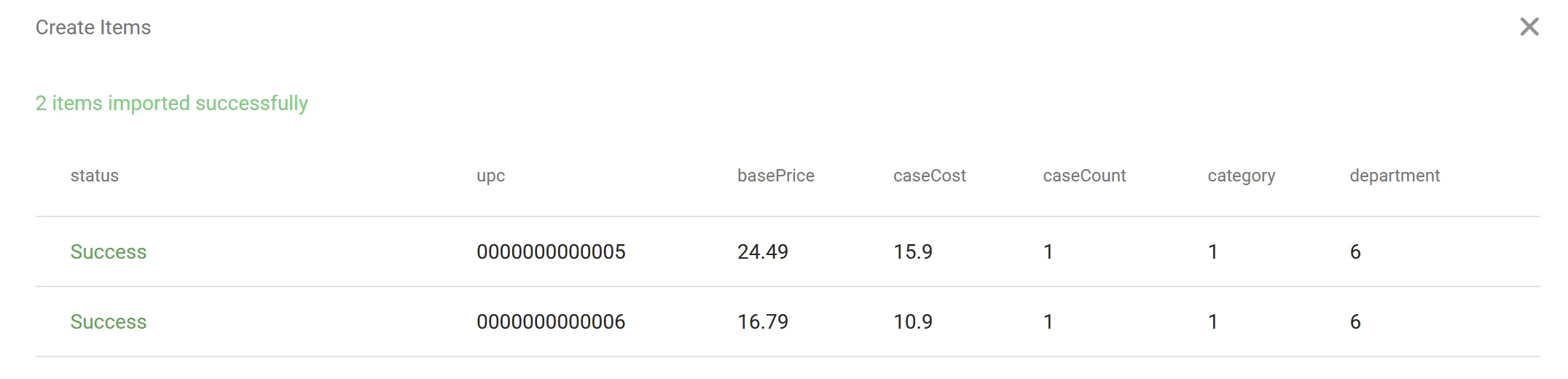 Basket item import results listing each uploaded item with a Success status