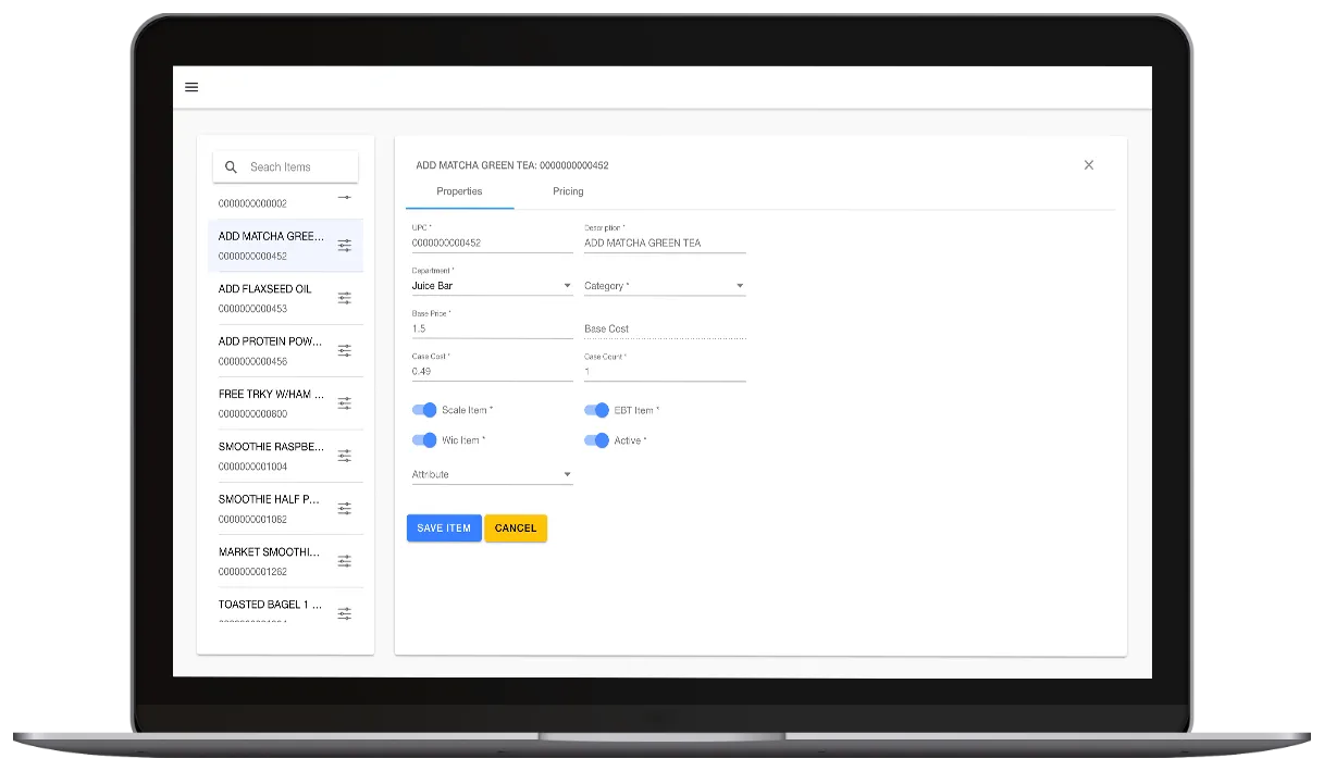 Basket back office item editor showing base price, case cost, and Scale, EBT and WIC toggles